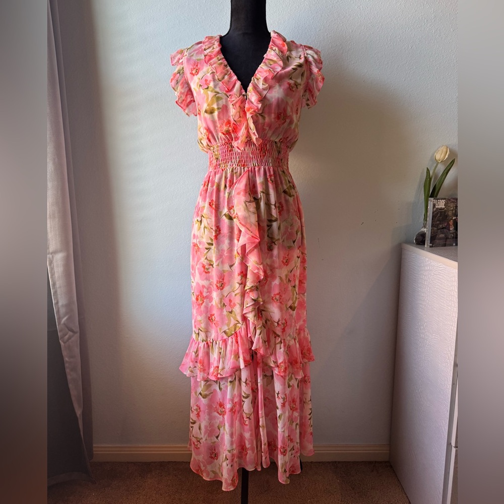 MISA Los Angeles Floral Pink Midi Dress